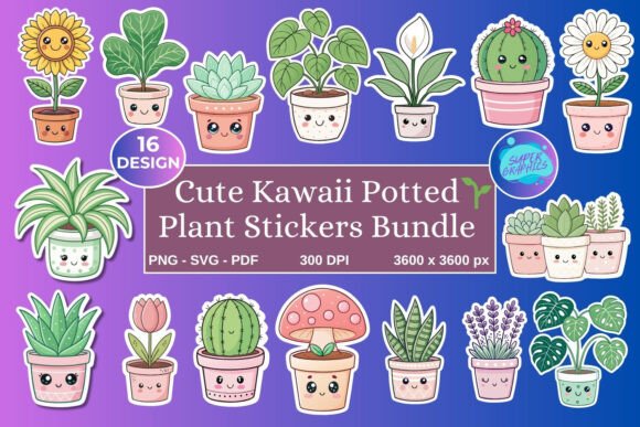 Download Kawaii Potted Plant Stickers Bundle - Plant Collection
