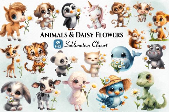 Download Cute Animals &amp; Daisy Sublimation Clipart - Cute animal Collection